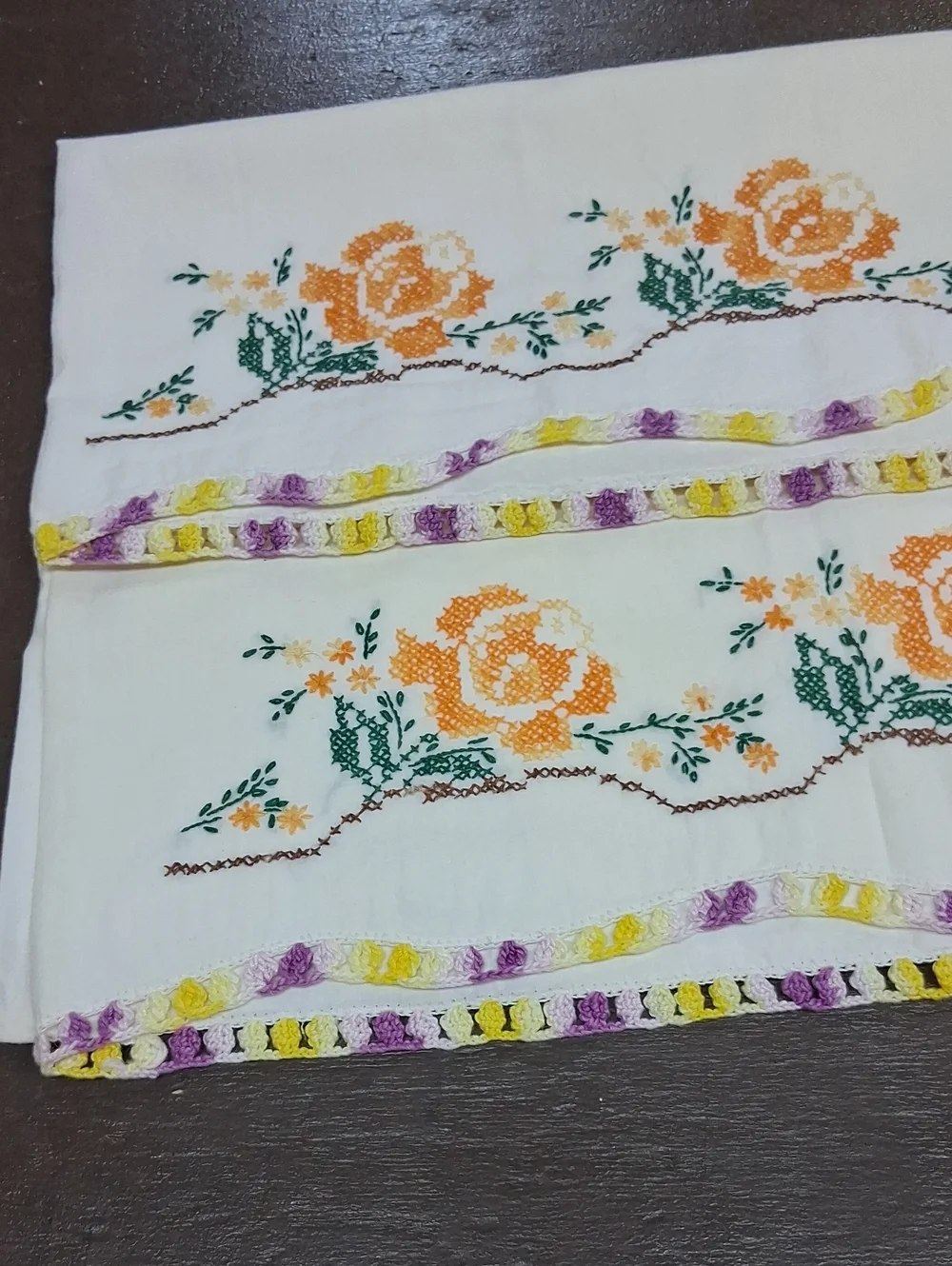 Vintage cross stitched floral Pillowcases with‎ lavendar & yellow Crocheted Lace